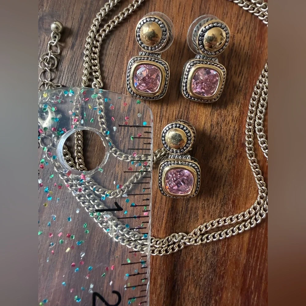 Silver and Gold Tone Necklace Pendant and Pierced Earrings Pink Jewelry Set